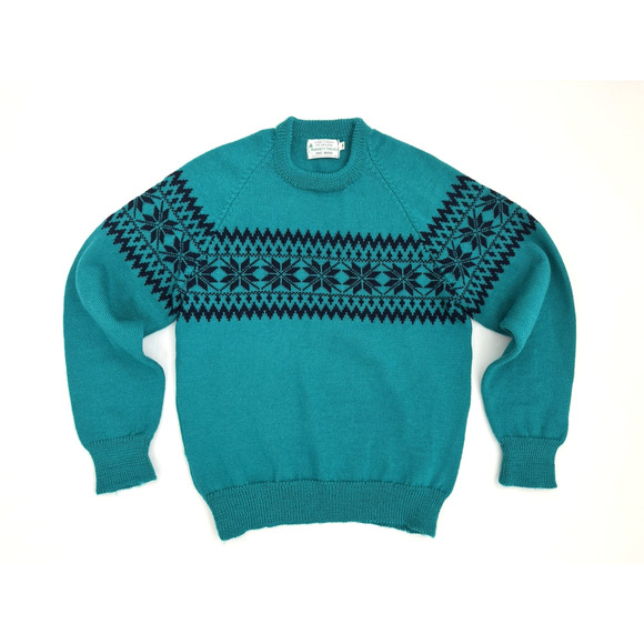 Moriarty Ski Sweater M Turquoise Blue Wool Handmade Vermont Snowflakes Fair Isle - Picture 2 of 9